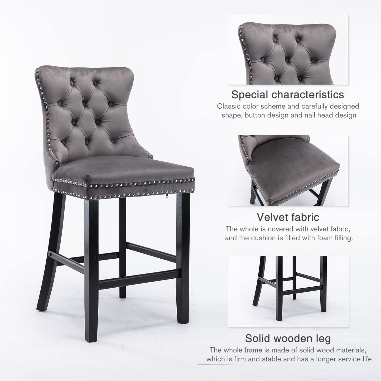 2X Velvet Bar Stools with Studs Trim Wooden Legs Tufted Dining Chairs Kitchen V226-SW1802GY