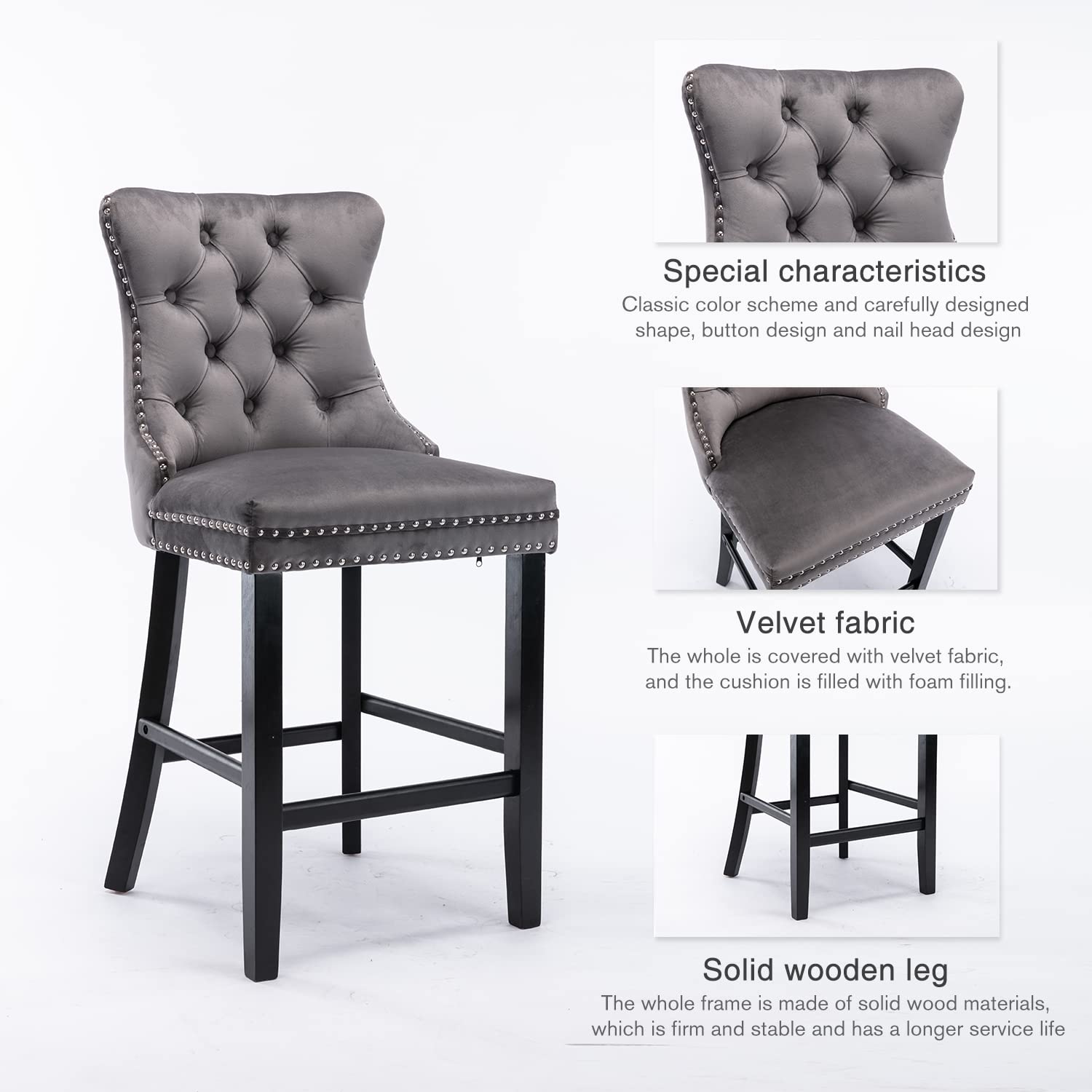 2X Velvet Bar Stools with Studs Trim Wooden Legs Tufted Dining Chairs Kitchen V226-SW1802GY