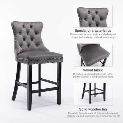 2X Velvet Bar Stools with Studs Trim Wooden Legs Tufted Dining Chairs Kitchen V226-SW1802GY
