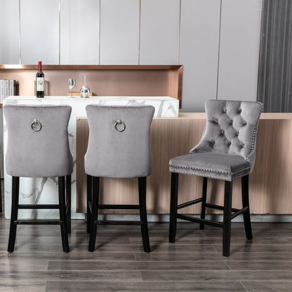2X Velvet Bar Stools with Studs Trim Wooden Legs Tufted Dining Chairs Kitchen V226-SW1802GY