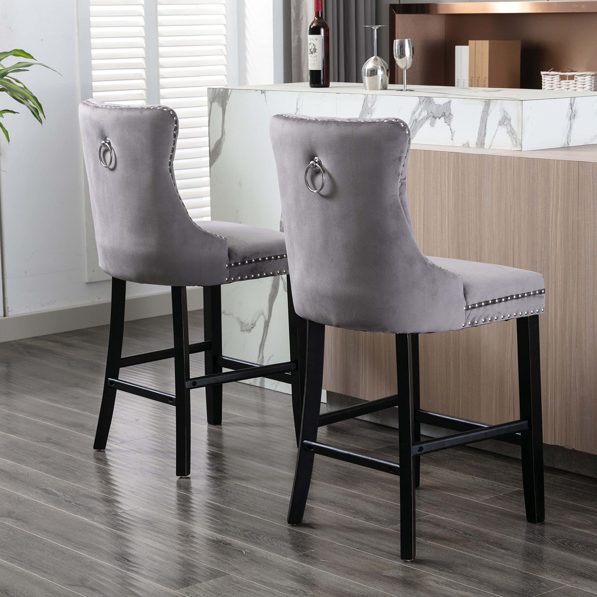 2X Velvet Bar Stools with Studs Trim Wooden Legs Tufted Dining Chairs Kitchen V226-SW1802GY