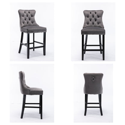 2X Velvet Bar Stools with Studs Trim Wooden Legs Tufted Dining Chairs Kitchen V226-SW1802GY