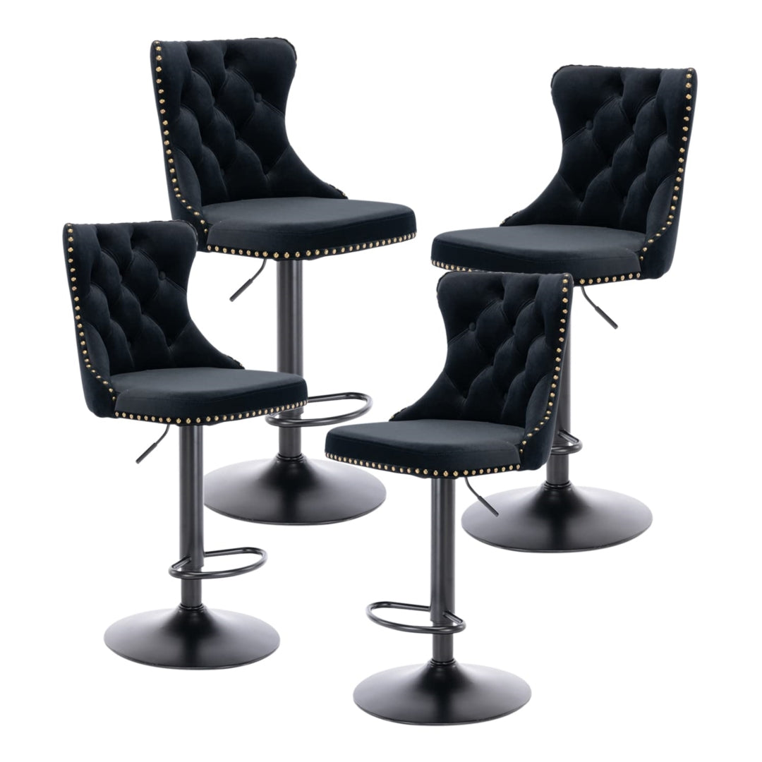 4x Height Adjustable Swivel Bar Stool Velvet Nailhead Barstool with Footrest V226-SW1812BK-2
