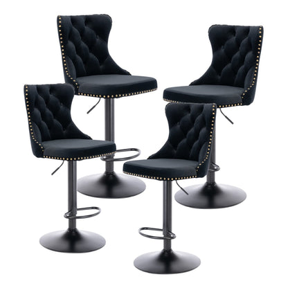 4x Height Adjustable Swivel Bar Stool Velvet Nailhead Barstool with Footrest V226-SW1812BK-2