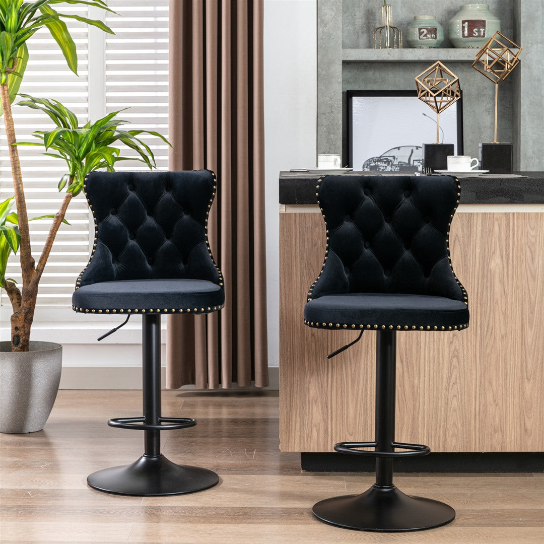 4x Height Adjustable Swivel Bar Stool Velvet Nailhead Barstool with Footrest V226-SW1812BK-2