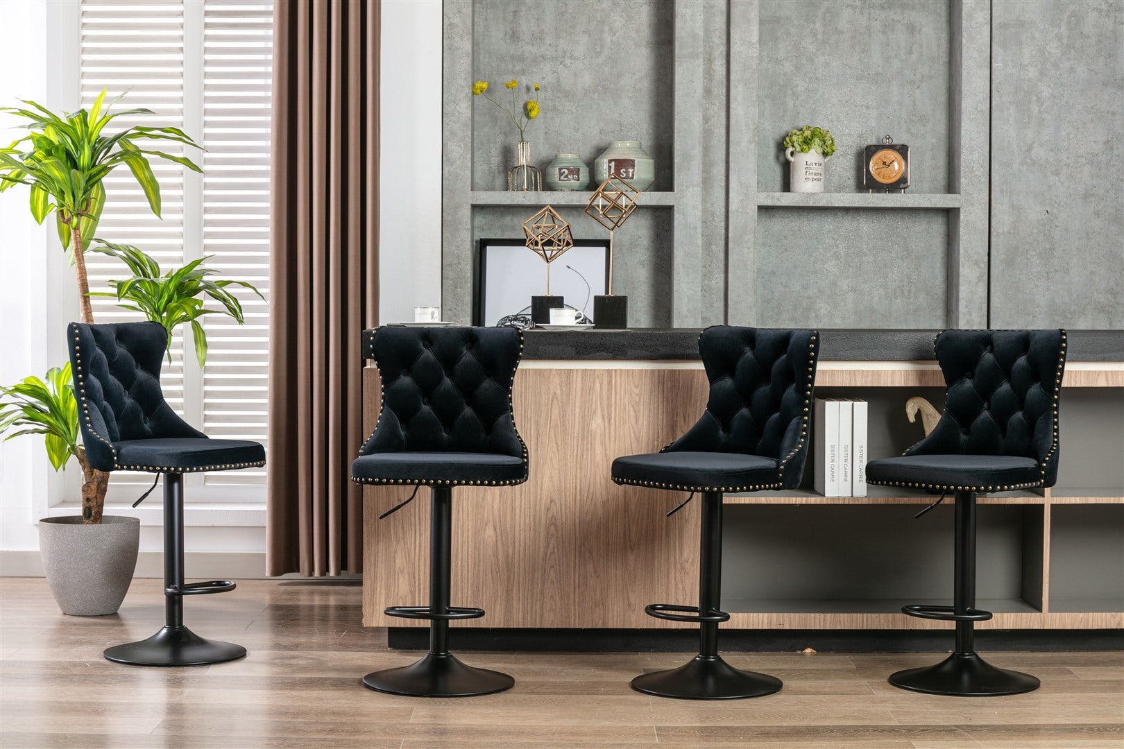 4x Height Adjustable Swivel Bar Stool Velvet Nailhead Barstool with Footrest V226-SW1812BK-2