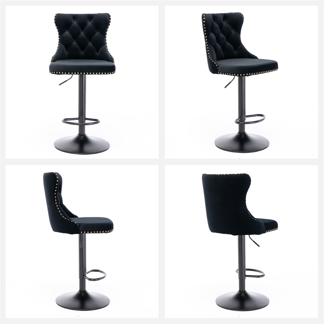 4x Height Adjustable Swivel Bar Stool Velvet Nailhead Barstool with Footrest V226-SW1812BK-2