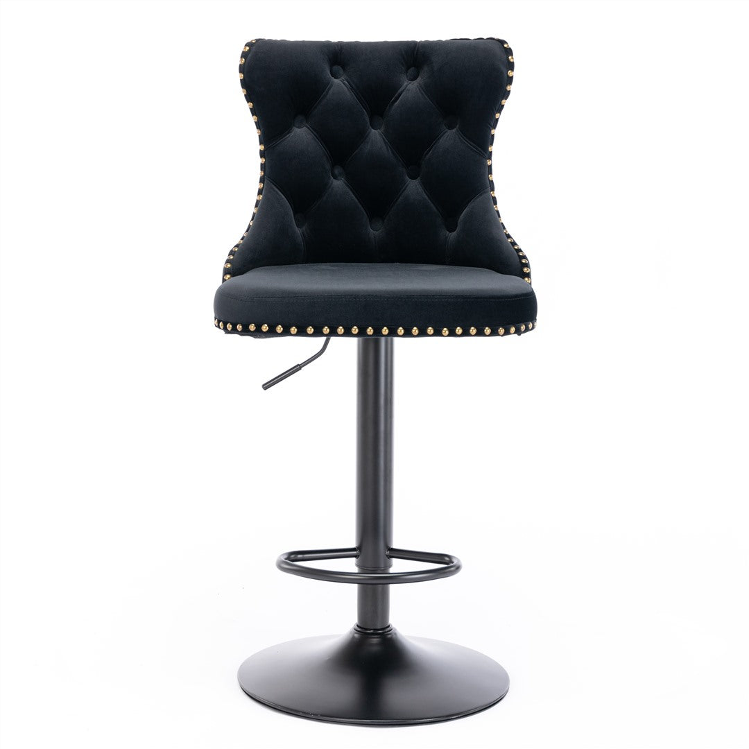 2x Height Adjustable Swivel Bar Stool Velvet Nailhead Barstool with Footrest V226-SW1812BK