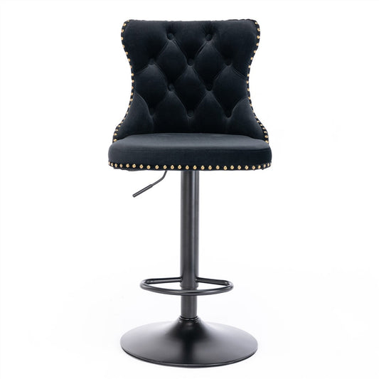 2x Height Adjustable Swivel Bar Stool Velvet Nailhead Barstool with Footrest V226-SW1812BK