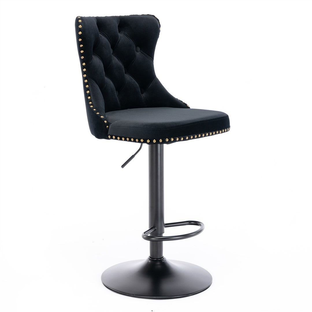 2x Height Adjustable Swivel Bar Stool Velvet Nailhead Barstool with Footrest V226-SW1812BK