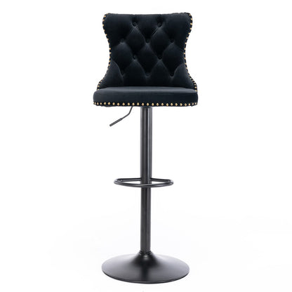 2x Height Adjustable Swivel Bar Stool Velvet Nailhead Barstool with Footrest V226-SW1812BK