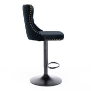 2x Height Adjustable Swivel Bar Stool Velvet Nailhead Barstool with Footrest V226-SW1812BK