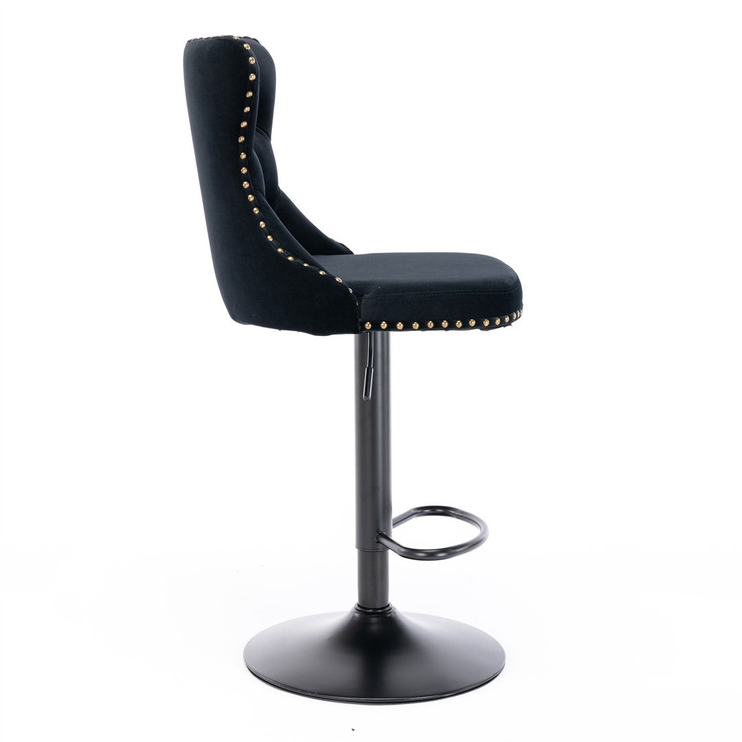 2x Height Adjustable Swivel Bar Stool Velvet Nailhead Barstool with Footrest V226-SW1812BK