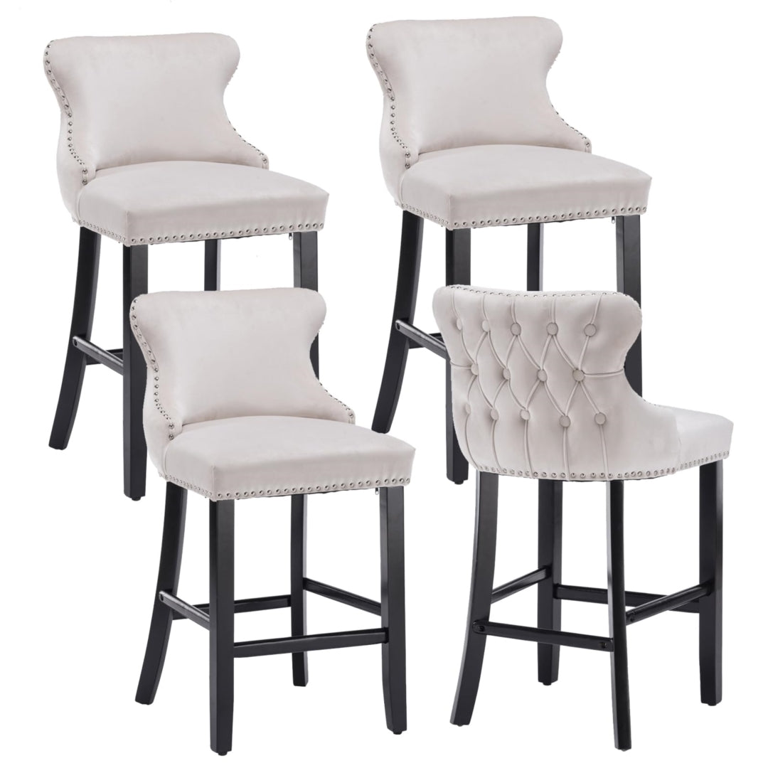 4x Velvet Upholstered Button Tufted Bar Stools with Wood Legs and Studs-Beige V226-SW1824BG-2