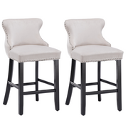 4x Velvet Upholstered Button Tufted Bar Stools with Wood Legs and Studs-Beige V226-SW1824BG-2