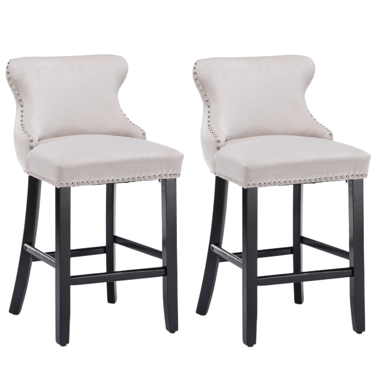 4x Velvet Upholstered Button Tufted Bar Stools with Wood Legs and Studs-Beige V226-SW1824BG-2