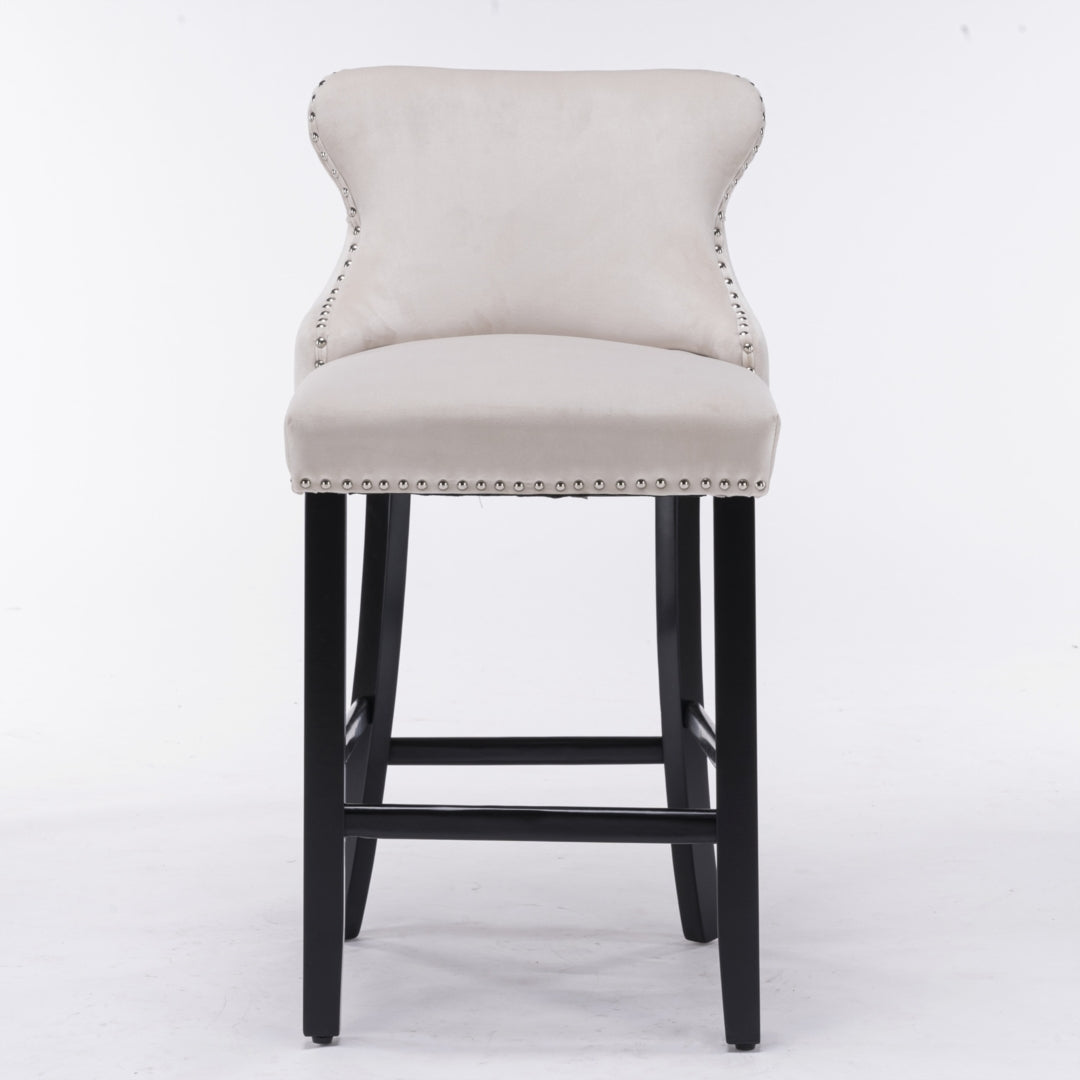 4x Velvet Upholstered Button Tufted Bar Stools with Wood Legs and Studs-Beige V226-SW1824BG-2