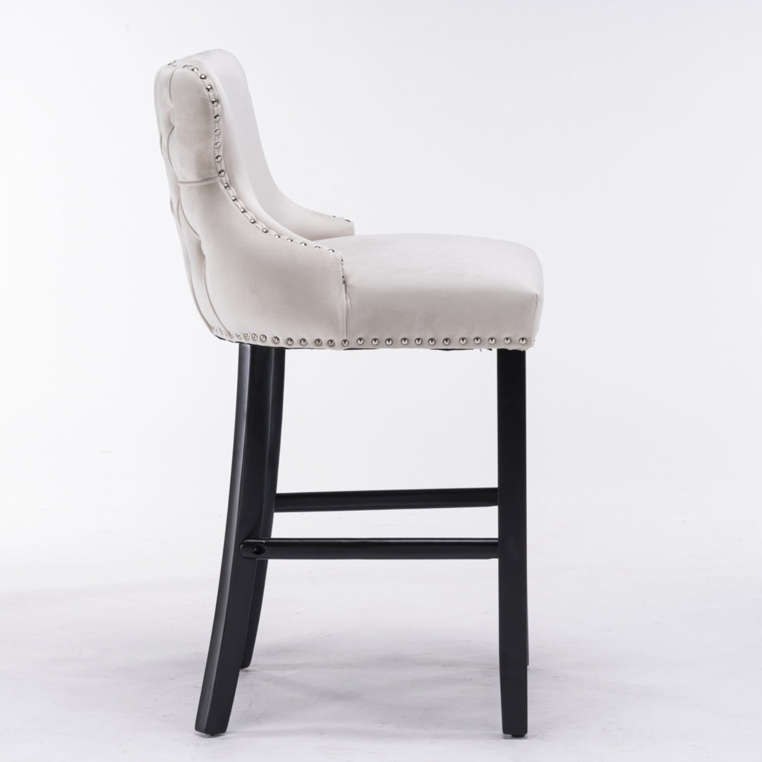 4x Velvet Upholstered Button Tufted Bar Stools with Wood Legs and Studs-Beige V226-SW1824BG-2