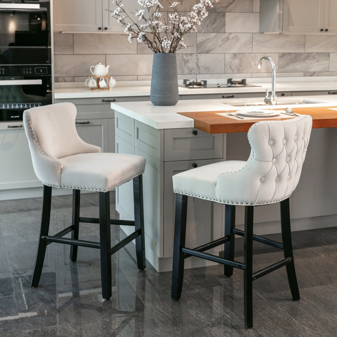 4x Velvet Upholstered Button Tufted Bar Stools with Wood Legs and Studs-Beige V226-SW1824BG-2