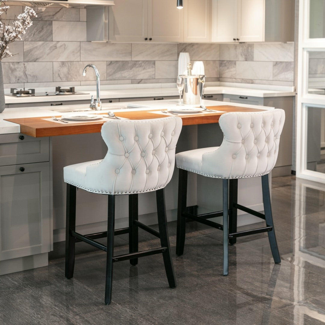 4x Velvet Upholstered Button Tufted Bar Stools with Wood Legs and Studs-Beige V226-SW1824BG-2