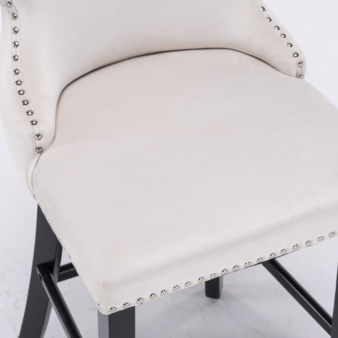 4x Velvet Upholstered Button Tufted Bar Stools with Wood Legs and Studs-Beige V226-SW1824BG-2
