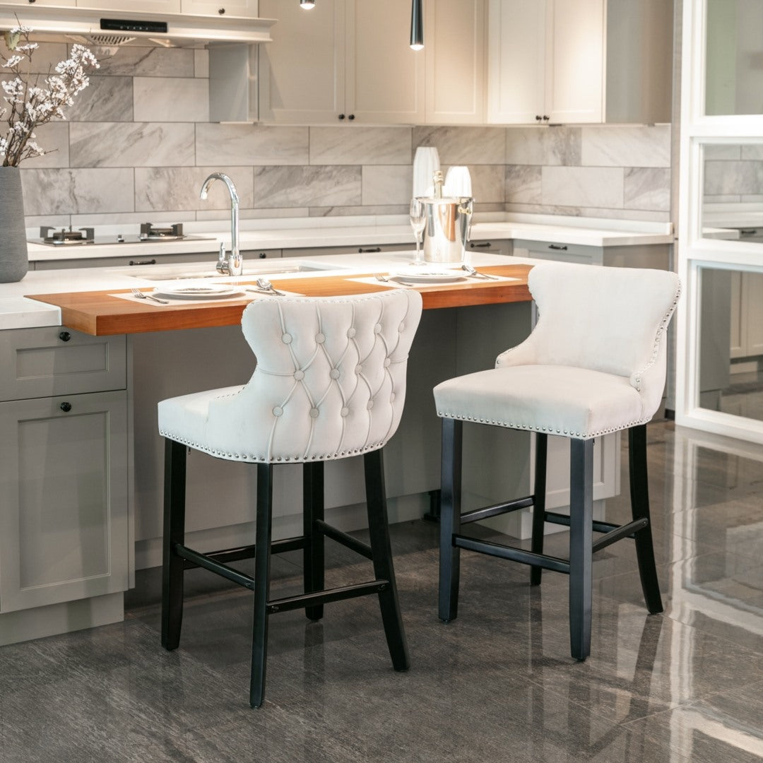 4x Velvet Upholstered Button Tufted Bar Stools with Wood Legs and Studs-Beige V226-SW1824BG-2