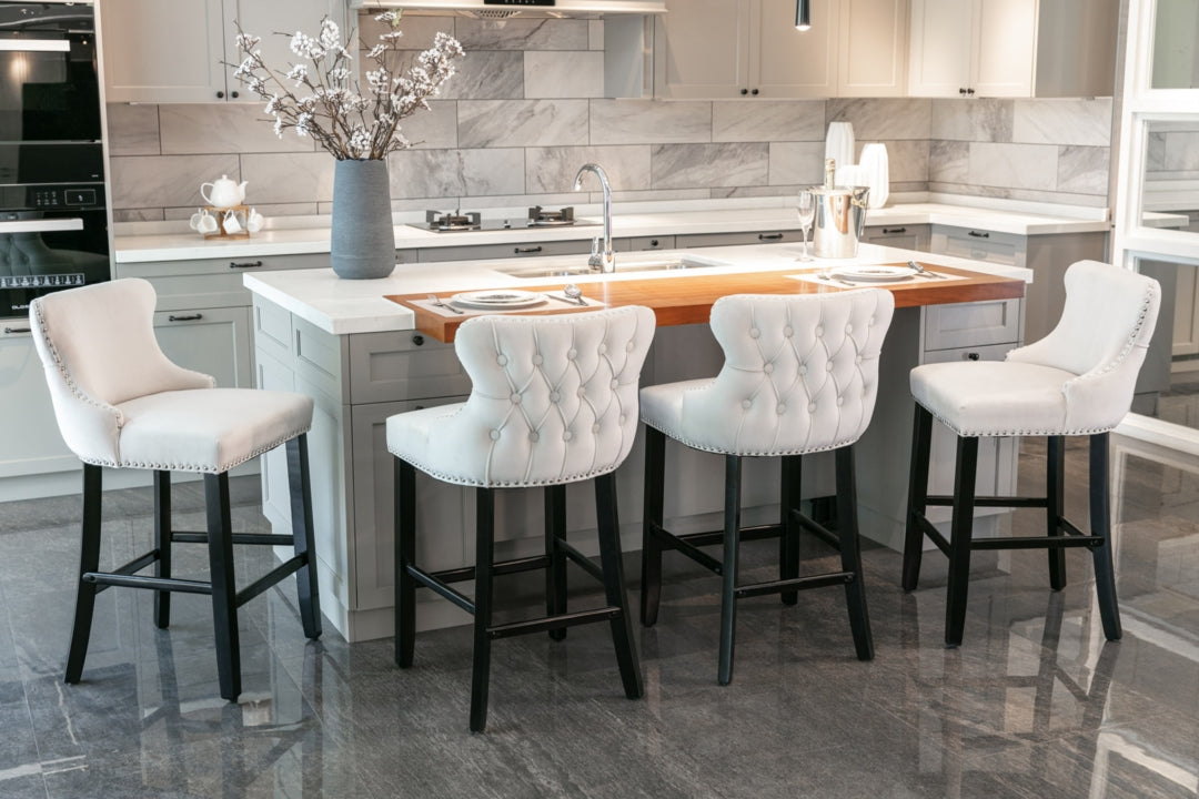 4x Velvet Upholstered Button Tufted Bar Stools with Wood Legs and Studs-Beige V226-SW1824BG-2