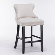 2x Velvet Upholstered Button Tufted Bar Stools with Wood Legs and Studs-Beige V226-SW1824BG