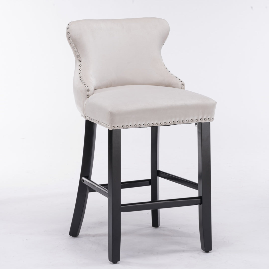 2x Velvet Upholstered Button Tufted Bar Stools with Wood Legs and Studs-Beige V226-SW1824BG
