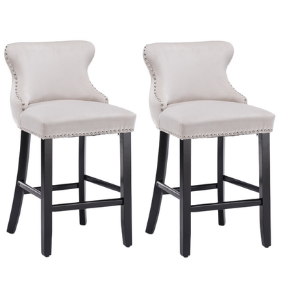 2x Velvet Upholstered Button Tufted Bar Stools with Wood Legs and Studs-Beige V226-SW1824BG