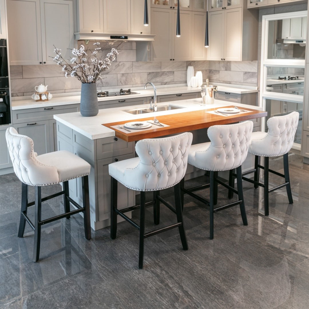 2x Velvet Upholstered Button Tufted Bar Stools with Wood Legs and Studs-Beige V226-SW1824BG