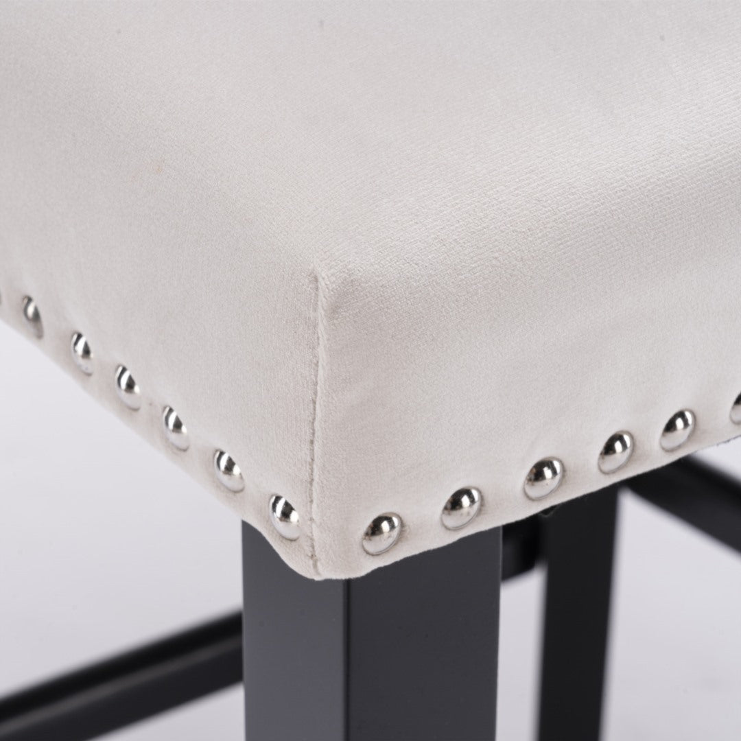 2x Velvet Upholstered Button Tufted Bar Stools with Wood Legs and Studs-Beige V226-SW1824BG