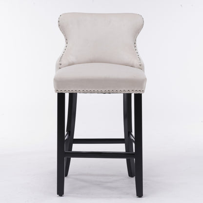 2x Velvet Upholstered Button Tufted Bar Stools with Wood Legs and Studs-Beige V226-SW1824BG
