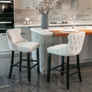 2x Velvet Upholstered Button Tufted Bar Stools with Wood Legs and Studs-Beige V226-SW1824BG