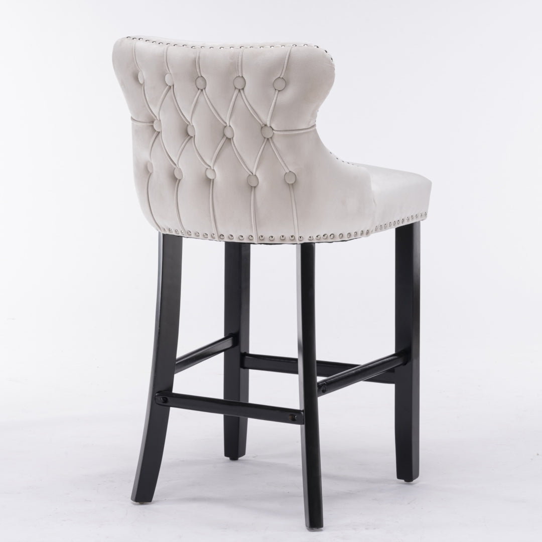 2x Velvet Upholstered Button Tufted Bar Stools with Wood Legs and Studs-Beige V226-SW1824BG