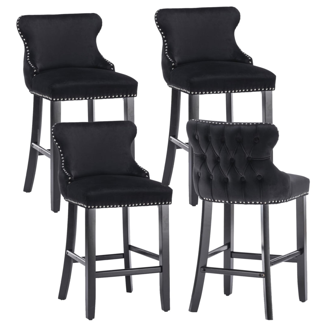 4x Velvet Upholstered Button Tufted Bar Stools with Wood Legs and Studs-Black V226-SW1824BK-2