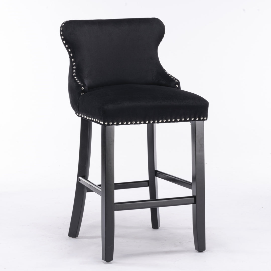 4x Velvet Upholstered Button Tufted Bar Stools with Wood Legs and Studs-Black V226-SW1824BK-2