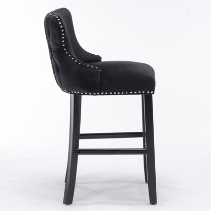 4x Velvet Upholstered Button Tufted Bar Stools with Wood Legs and Studs-Black V226-SW1824BK-2