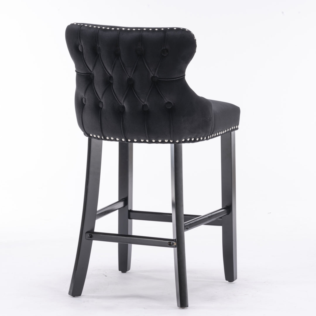 4x Velvet Upholstered Button Tufted Bar Stools with Wood Legs and Studs-Black V226-SW1824BK-2