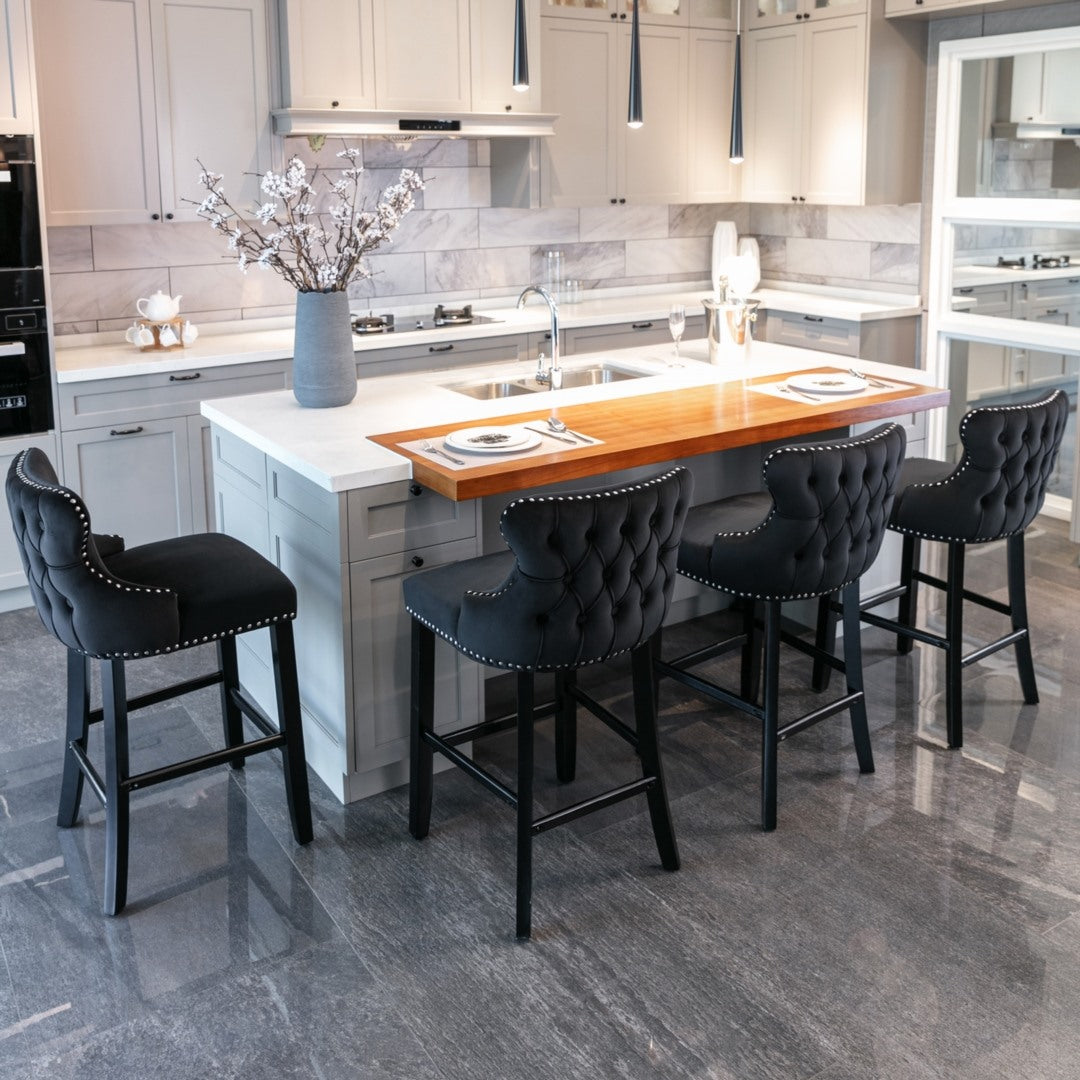 4x Velvet Upholstered Button Tufted Bar Stools with Wood Legs and Studs-Black V226-SW1824BK-2