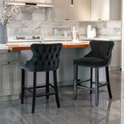 4x Velvet Upholstered Button Tufted Bar Stools with Wood Legs and Studs-Black V226-SW1824BK-2