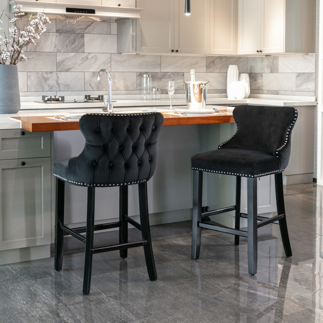 4x Velvet Upholstered Button Tufted Bar Stools with Wood Legs and Studs-Black V226-SW1824BK-2