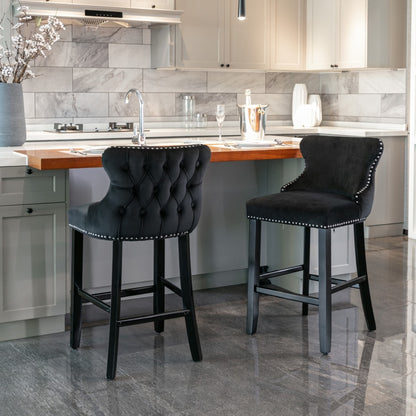 4x Velvet Upholstered Button Tufted Bar Stools with Wood Legs and Studs-Black V226-SW1824BK-2