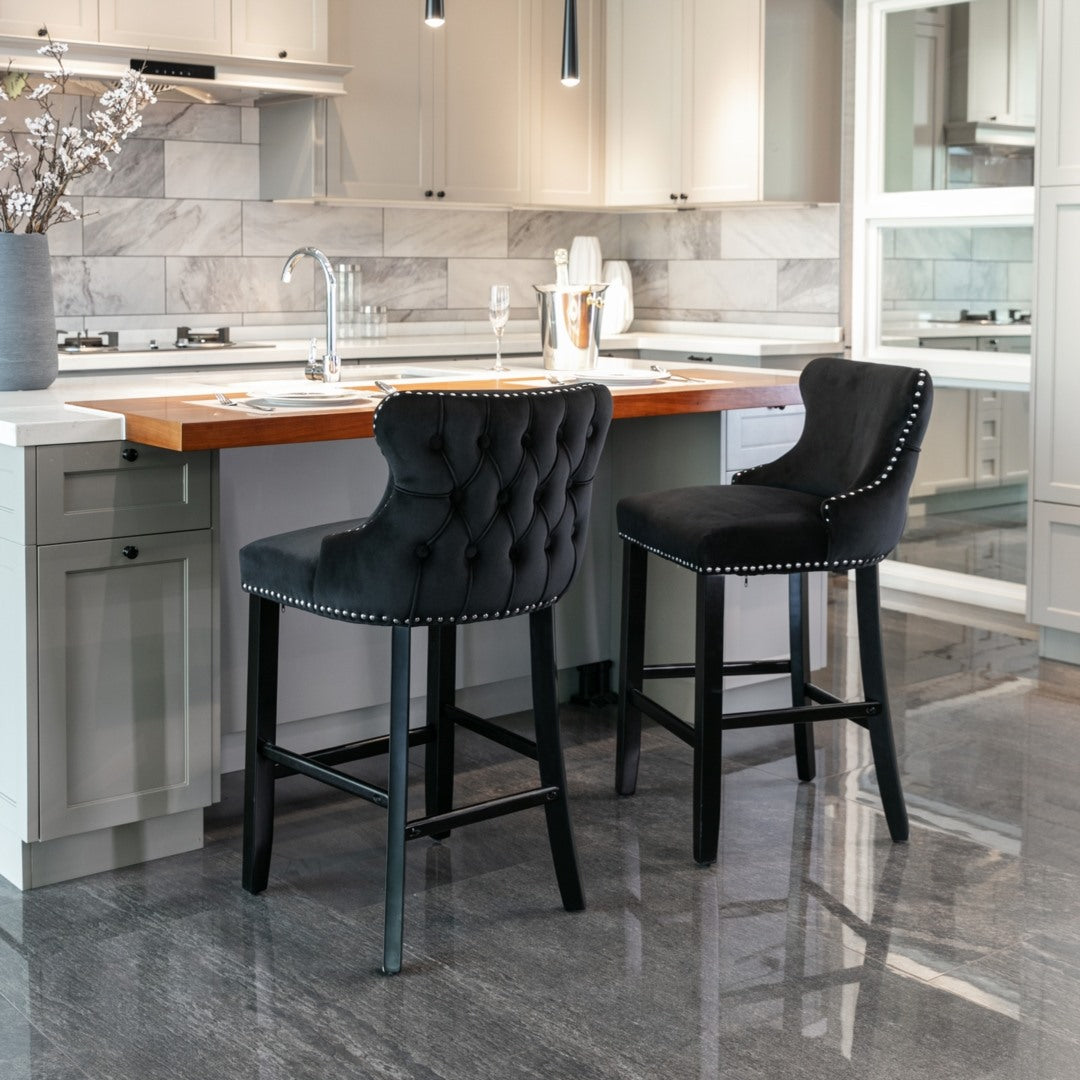 4x Velvet Upholstered Button Tufted Bar Stools with Wood Legs and Studs-Black V226-SW1824BK-2