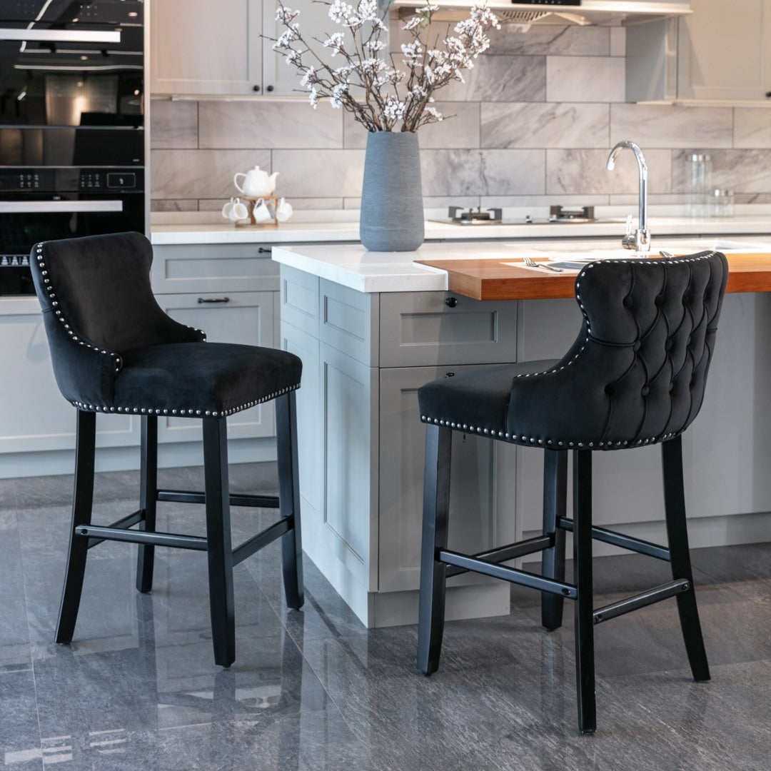 4x Velvet Upholstered Button Tufted Bar Stools with Wood Legs and Studs-Black V226-SW1824BK-2