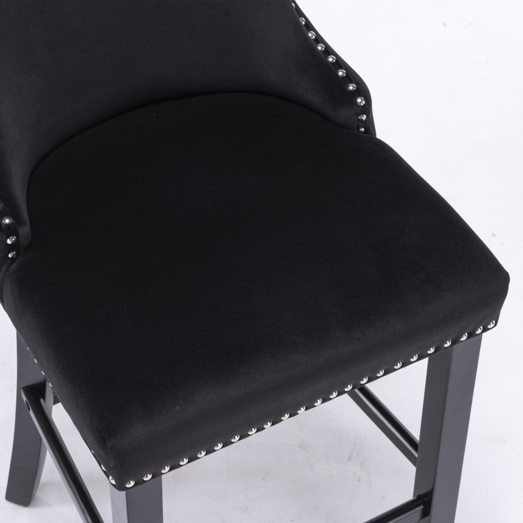 2x Velvet Upholstered Button Tufted Bar Stools with Wood Legs and Studs-Black V226-SW1824BK