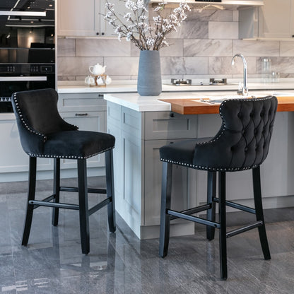 2x Velvet Upholstered Button Tufted Bar Stools with Wood Legs and Studs-Black V226-SW1824BK