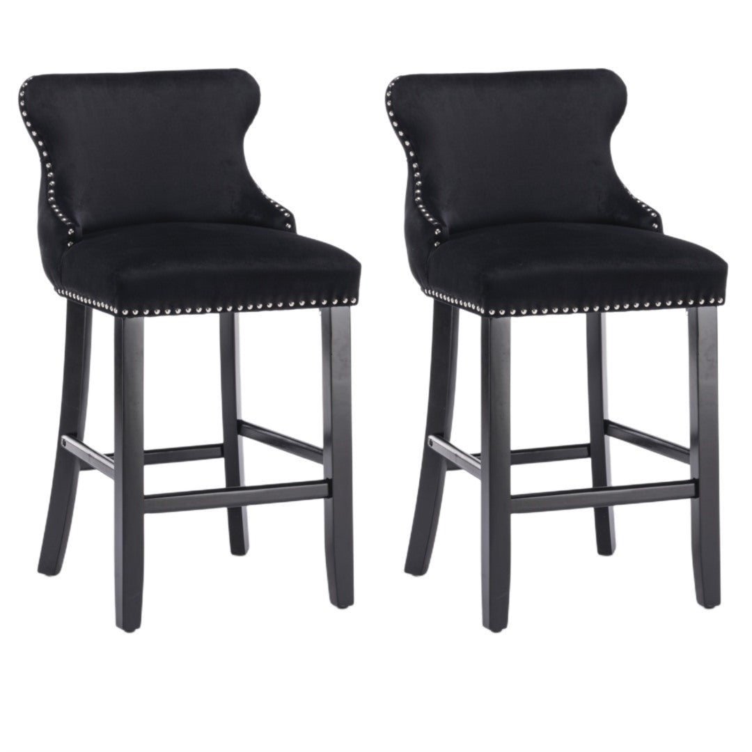 2x Velvet Upholstered Button Tufted Bar Stools with Wood Legs and Studs-Black V226-SW1824BK