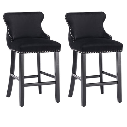 2x Velvet Upholstered Button Tufted Bar Stools with Wood Legs and Studs-Black V226-SW1824BK