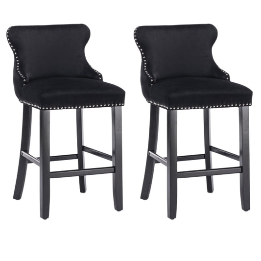 2x Velvet Upholstered Button Tufted Bar Stools with Wood Legs and Studs-Black V226-SW1824BK